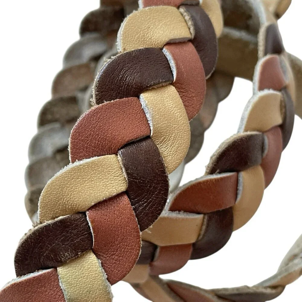 VTG 80s Preppy Academia Leather Braided Tricolor Belt Women’s S 35” Brown Tan